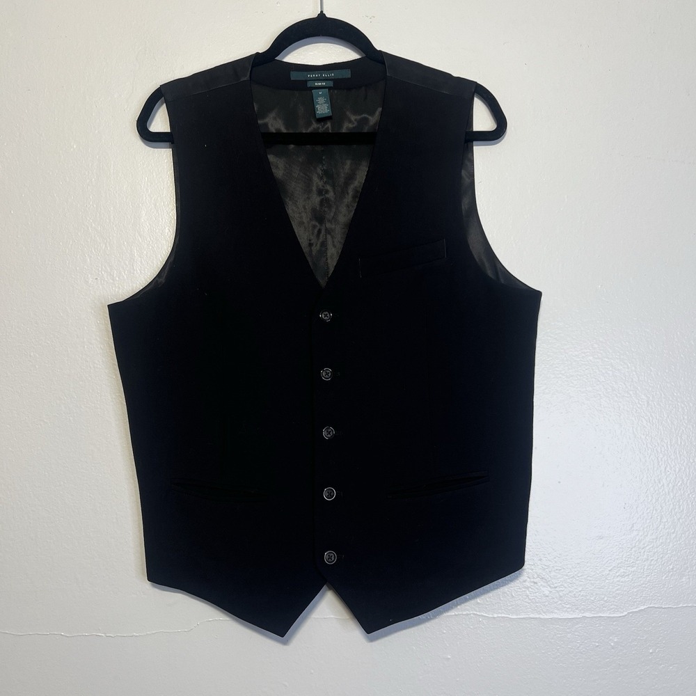 Perry Ellis Slim Fit Men's Solid Vest, V-Neck Black Sz M Formal